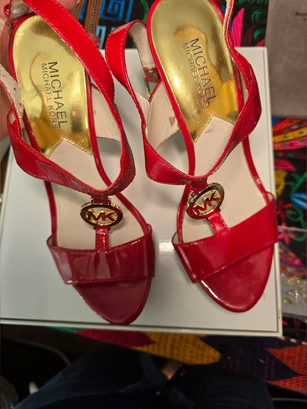 💥💥💥SALE!!!Michael Kors Red Patent Leather T-Strap Heels with Gold MK Accent